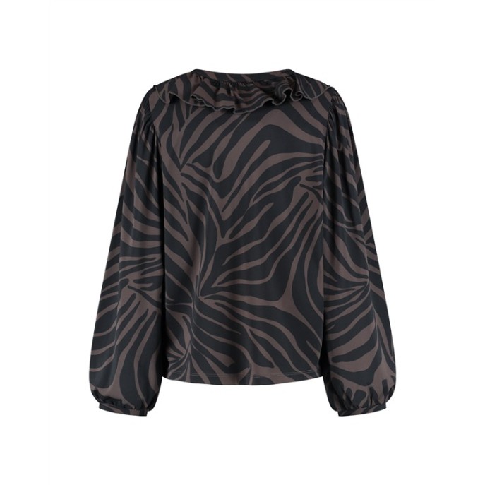 Lady Day Blouse Ruffle V-Hals Print Bruin-Zwart
